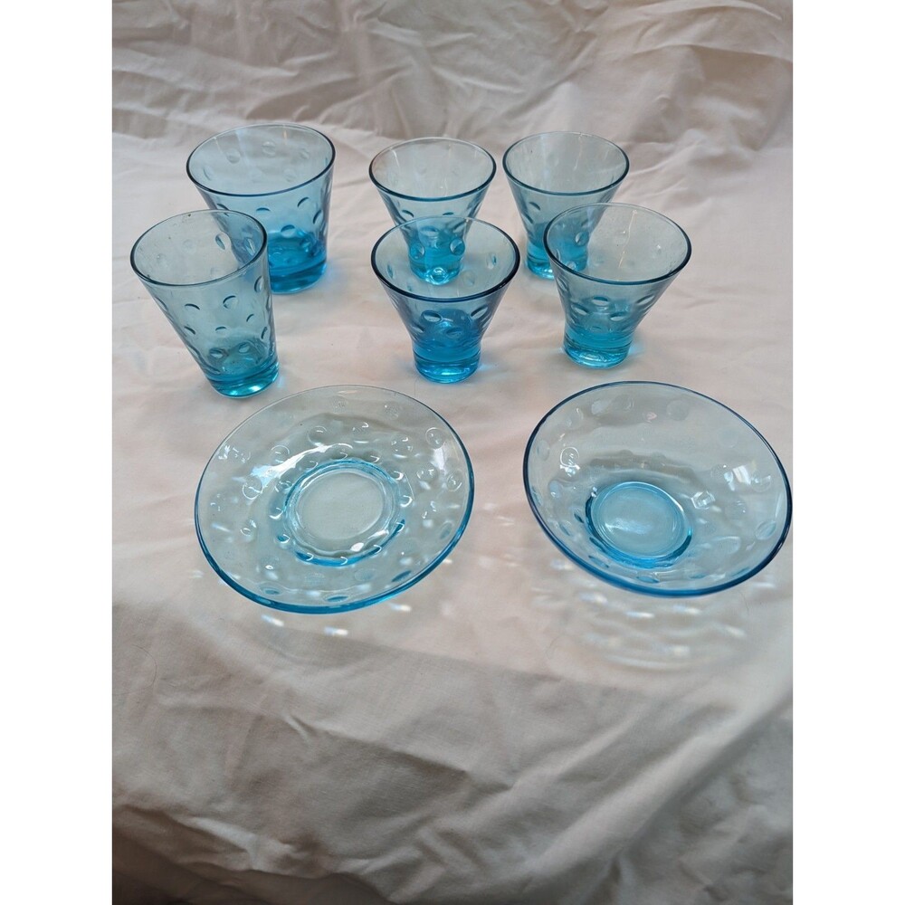 Vintage Hazel Atlas Blue Glass Tumblers & Bowls Set 8pc Bubble Dot Pattern MCM